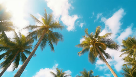 Coconut palm trees against blue sky with white clouds and sunの素材