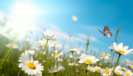 Beautiful daisies and butterfly on sunny day. Nature backgroundの素材