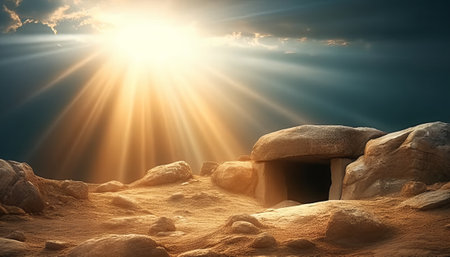 3d render of stone cave in the desert with sun and cloudsの素材