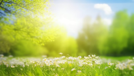 Spring meadow with daisies and sunbeams. Nature backgroundの素材