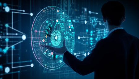 Businessman pressing high tech type of modern buttons on a virtual backgroundの素材