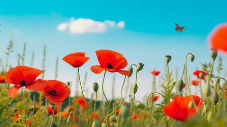 Red poppies on a background of blue sky and white cloudsの素材