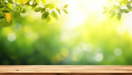 Wooden table top on blurred green nature background with bokeh lightの素材
