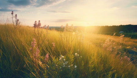 Sunset on the meadow in summer. Beautiful nature background.の素材