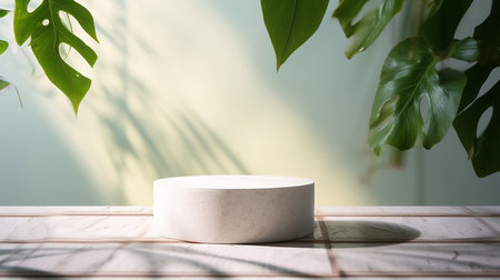 White marble podium on the wooden floor with monstera leaf background.の素材