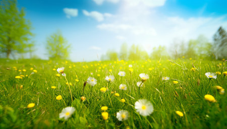 Spring meadow with dandelions and blue sky. Nature backgroundの素材