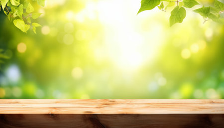 Empty wooden table over blurred green nature background, product display montageの素材
