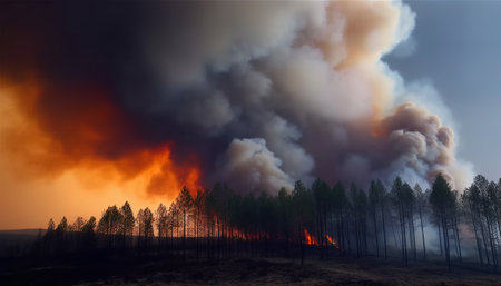 Forest fire in the summer. Fire in the forest. 3D renderingの素材