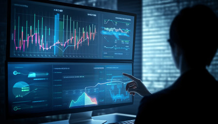 Businesswoman working with financial charts and graphs on a computer monitor.の素材