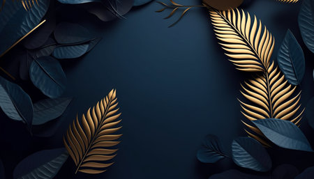 Dark blue background with gold tropical leaves. 3d render illustration.の素材