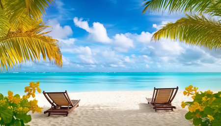 Beach chairs on a tropical beach with palm trees and flowers.の素材