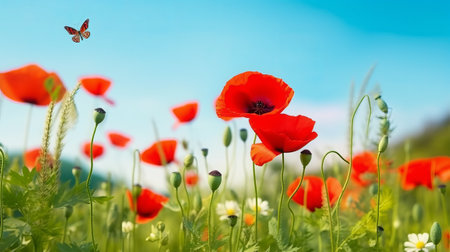 Red poppies on green meadow with blue sky and butterflyの素材