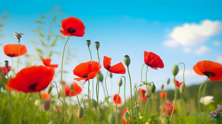 poppies in the meadow on a background of blue skyの素材