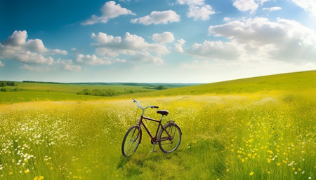 Bicycle on a green meadow under blue sky with white cloudsの素材