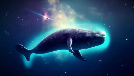 Humpback whale in space with starry background. 3D renderingの素材