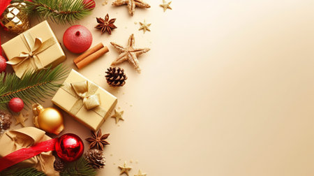 Christmas background with decorations and gift boxes. Top view with copy spaceの素材