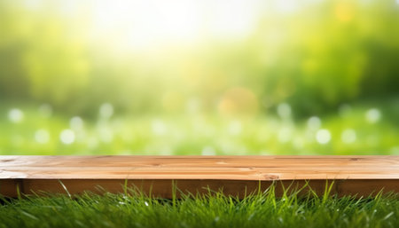 Wooden table top on green grass with bokeh background.の素材