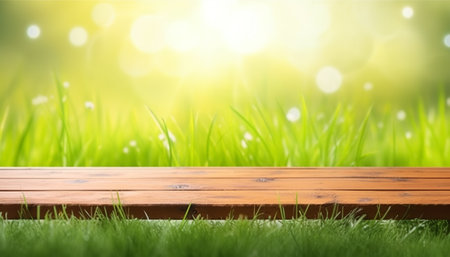 Wooden table top on green grass and bokeh background.の素材