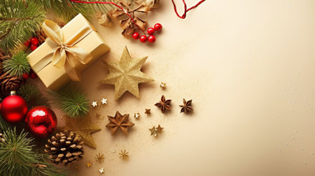 Christmas Decoration Over Wooden Background. Top View. Copy Space.の素材