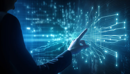 Businesswoman touching digital screen with binary code. Technology concept. 3D Renderingの素材