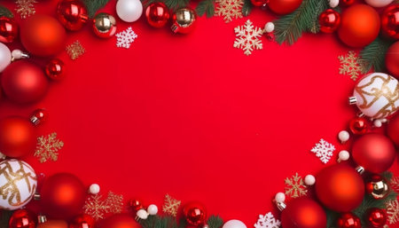 Christmas background with red and white balls and snowflakes on redの素材