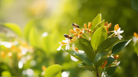Honeybee collecting nectar on a flower in the garden.の素材