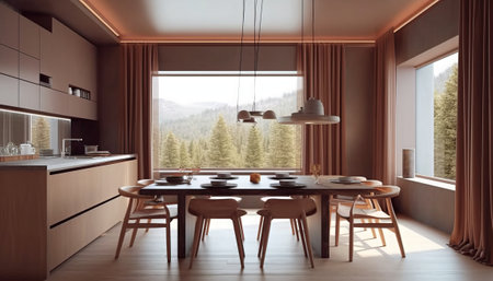 3d Illustration of brown modern kitchen in a house with a beautiful designの素材