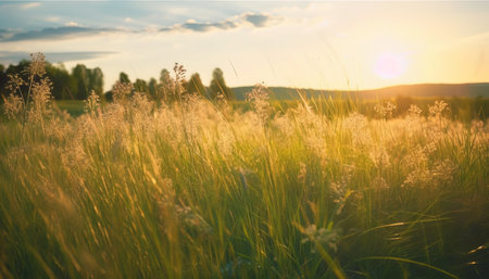 Sunset over a meadow with grass and flowers in summer.の素材