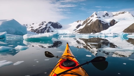 Kayak in Glacier Lagoon, Antarctic Peninsula, Antarctica. Icebergs and mountains.の素材