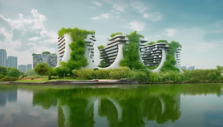 modern building in the city with green leaf and reflection on the lakeの素材