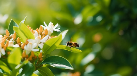 Bee on white flower with green leaves background. Honey bee collecting nectar and nectar from flower.の素材
