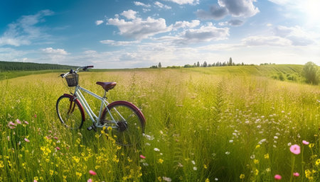 Bicycle on a meadow with flowers in summer. Panoramaの素材