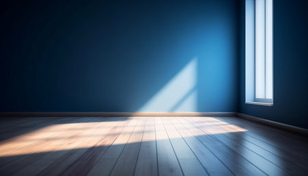 3d render of empty room with blue wall and wooden floor.の素材