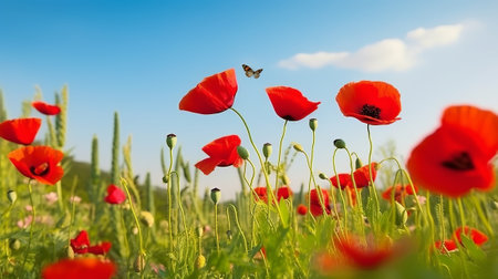 poppies on green meadow with blue sky and white cloudsの素材