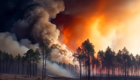 Forest fire, natural disaster, burning pine forest in the evening.の素材