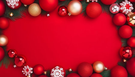 Christmas background with red balls and fir branches on red background. Top view.の素材