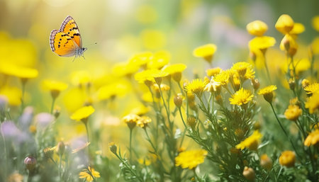 Butterfly on a yellow flower meadow. Summer landscape.の素材
