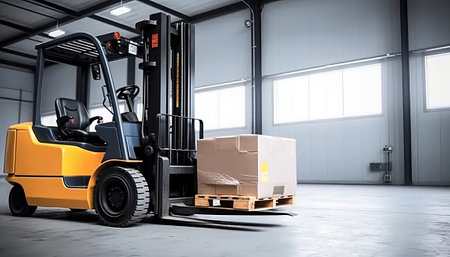 Forklift with cardboard boxes in warehouse. Cargo transportation and logistics conceptの素材