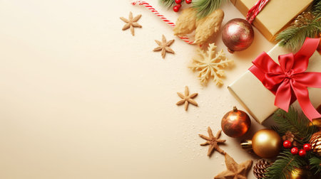 Christmas background with gift box, gingerbread cookies and christmas decoration. Top view with copy spaceの素材
