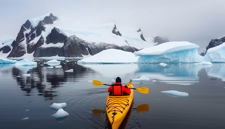 Kayaking in Glacier Lagoon, Antarctic Peninsula, Antarctica. Icebergs and icebergs.の素材
