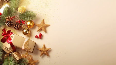 Christmas background with fir branches, gifts and decorations. Top view with copy spaceの素材