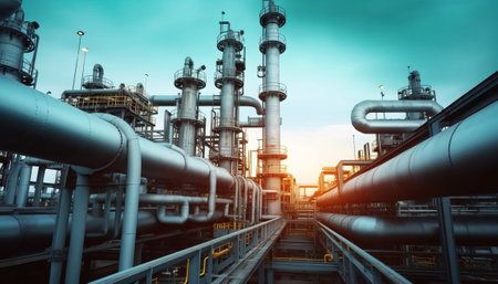 Industrial zone, Steel pipelines and equipment in blue toned tonesの素材
