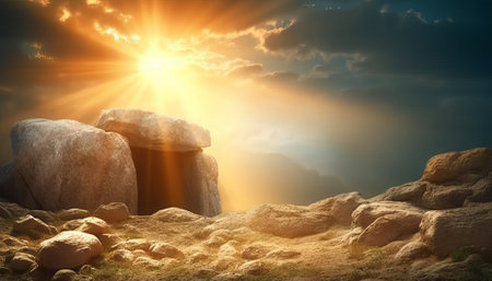 Stonehenge with sun in the sky. 3d illustration.の素材