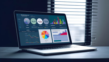 Laptop with financial charts and graphs on screen. 3d renderingの素材