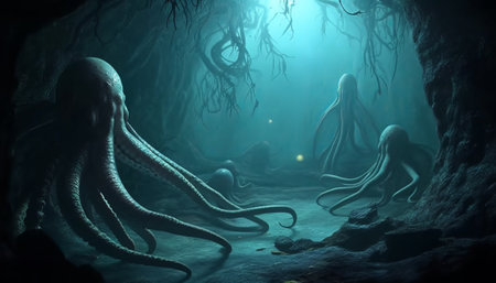 Octopus in a dark cave. 3D illustration. Fantasy.の素材
