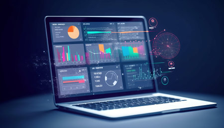 Laptop with financial charts and graphs on the screen. 3d renderingの素材