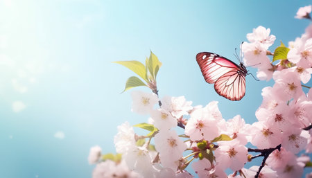 Beautiful cherry blossoms and butterfly on sky background. Springtimeの素材
