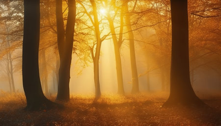 Autumn forest with fog and sun rays. Beautiful nature background.の素材