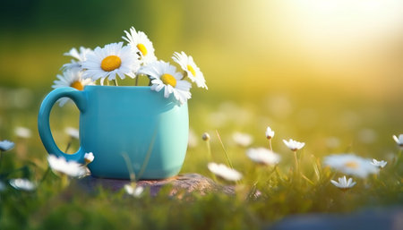 White daisies in a blue cup on a green grass in the gardenの素材
