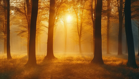 Foggy autumn morning in the forest with sunbeams.の素材